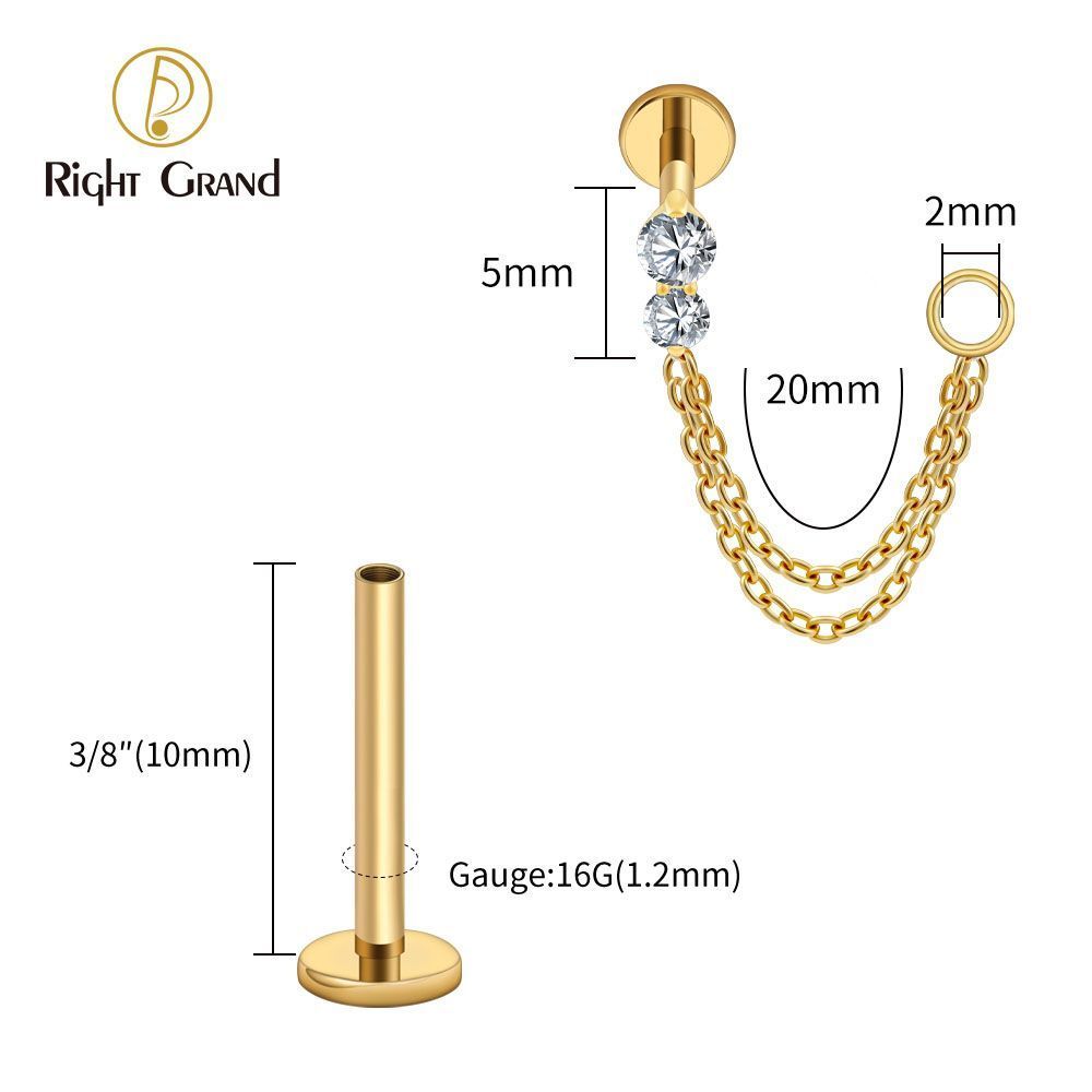 Right Grand Titanium Internal Thread CZ Double Chain Connect Ring Labret Ring 16G Flat Back Cartilage Stud Earring Conch Helix Lip Piercing Jewelry