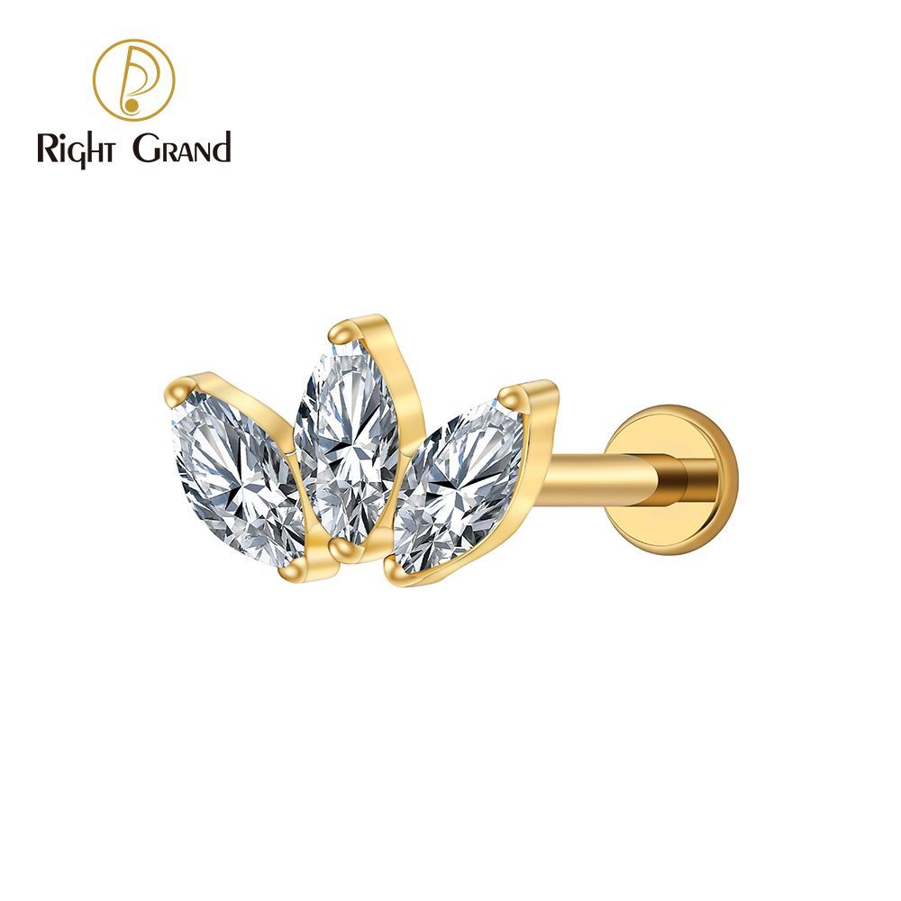 Right Grand Titanium 16G/18G Threadless Push Pin Triple Marquise CZ Stud Earring 16G Trinity Lotus Opal Cluster Cartilage Helix Tragus Piercing