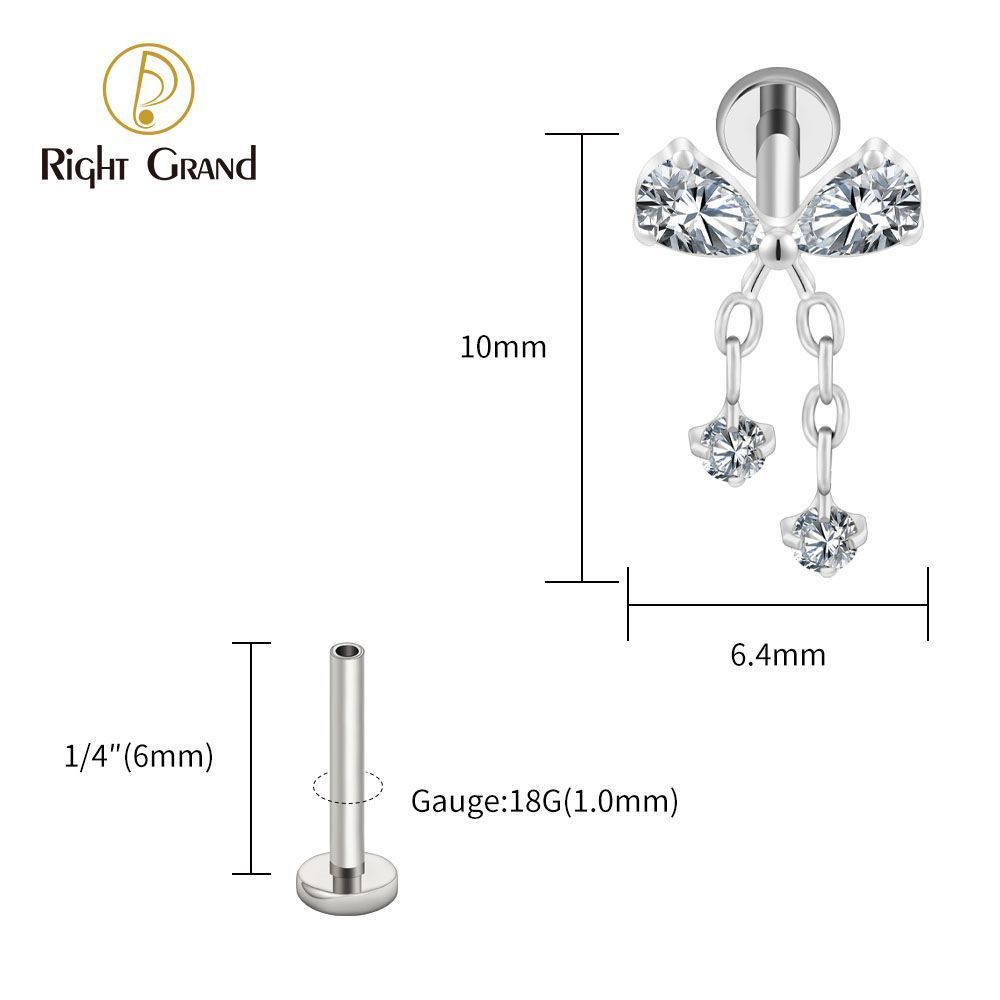 Right Grand Titanium 16G/18G Threadless Push Pin Bowknot CZ Dangle Chain Labret Ring 16G Flat Back Cartilage Stud Earring Conch Helix Lip Piercing Jewelry