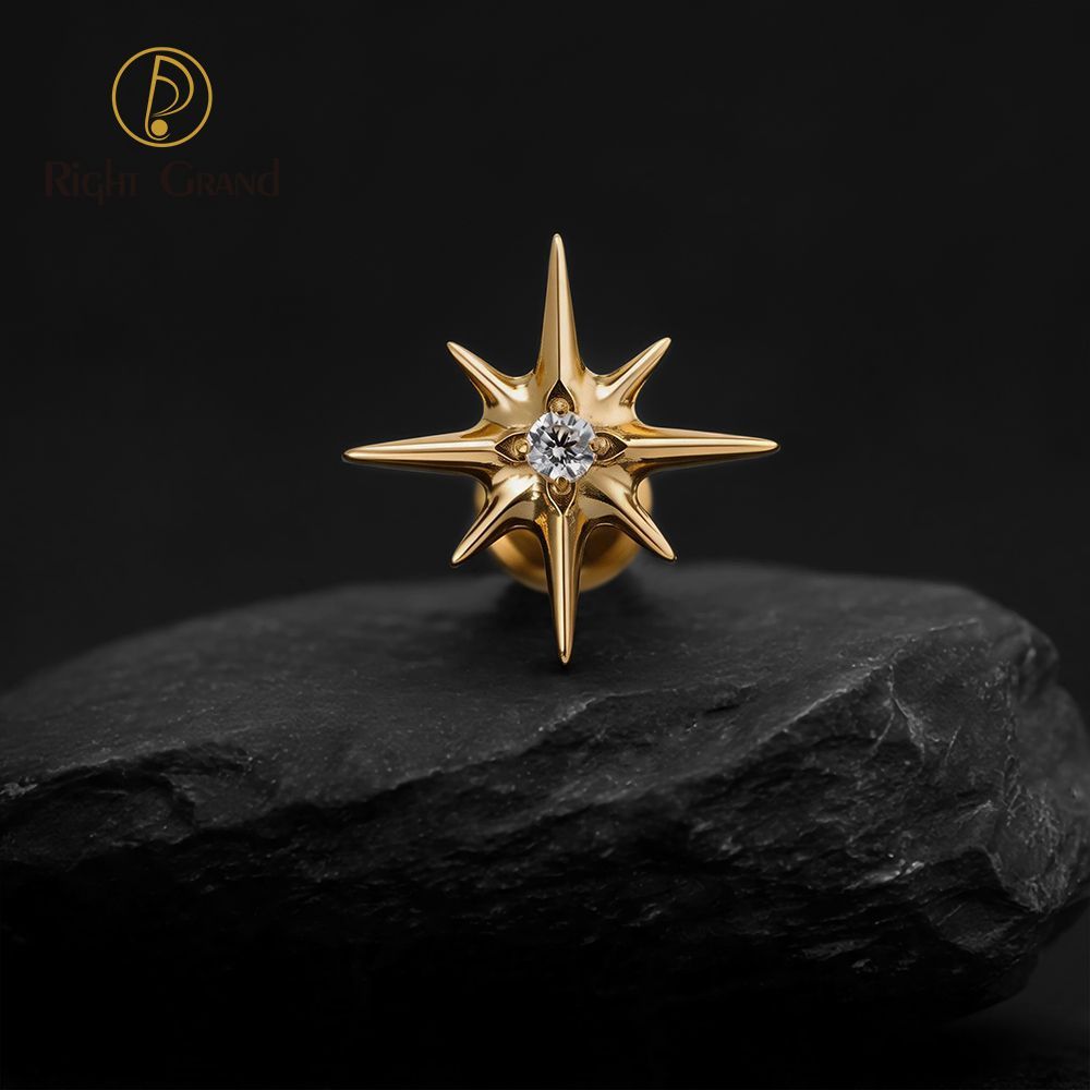 Right Grand Titanium 16G/18G Threadless Push Pin Sparkling CZ North Star Stud Earring Labret Cartilage Tragus Helix Conch Lobe Piercing