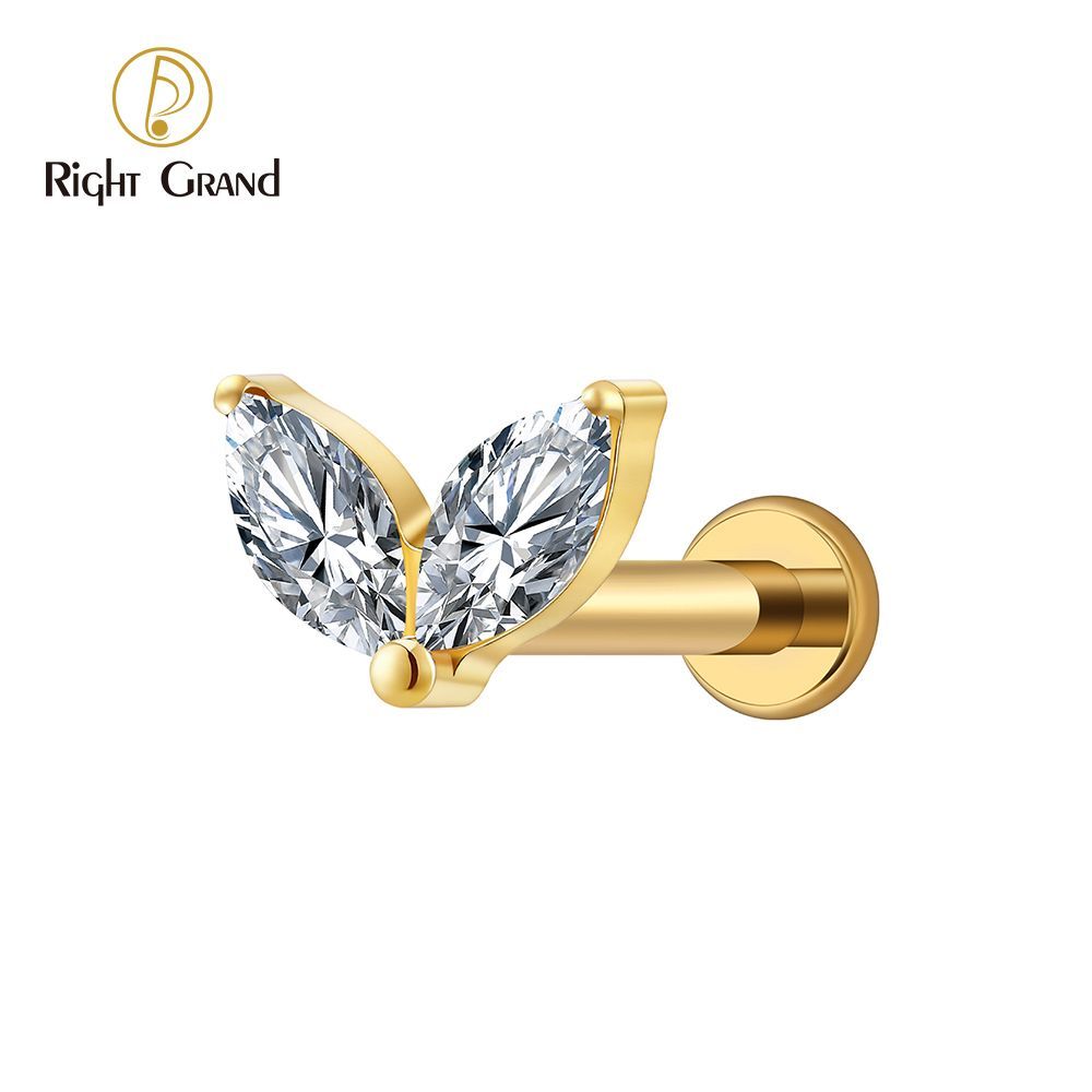 Right Grand Titanium 16G/18G Threadless Push Pin Tiny Double Marquise CZ Labret Stud Earring 16G Heart CZ Cartilage Helix Tragus Conch Piercing