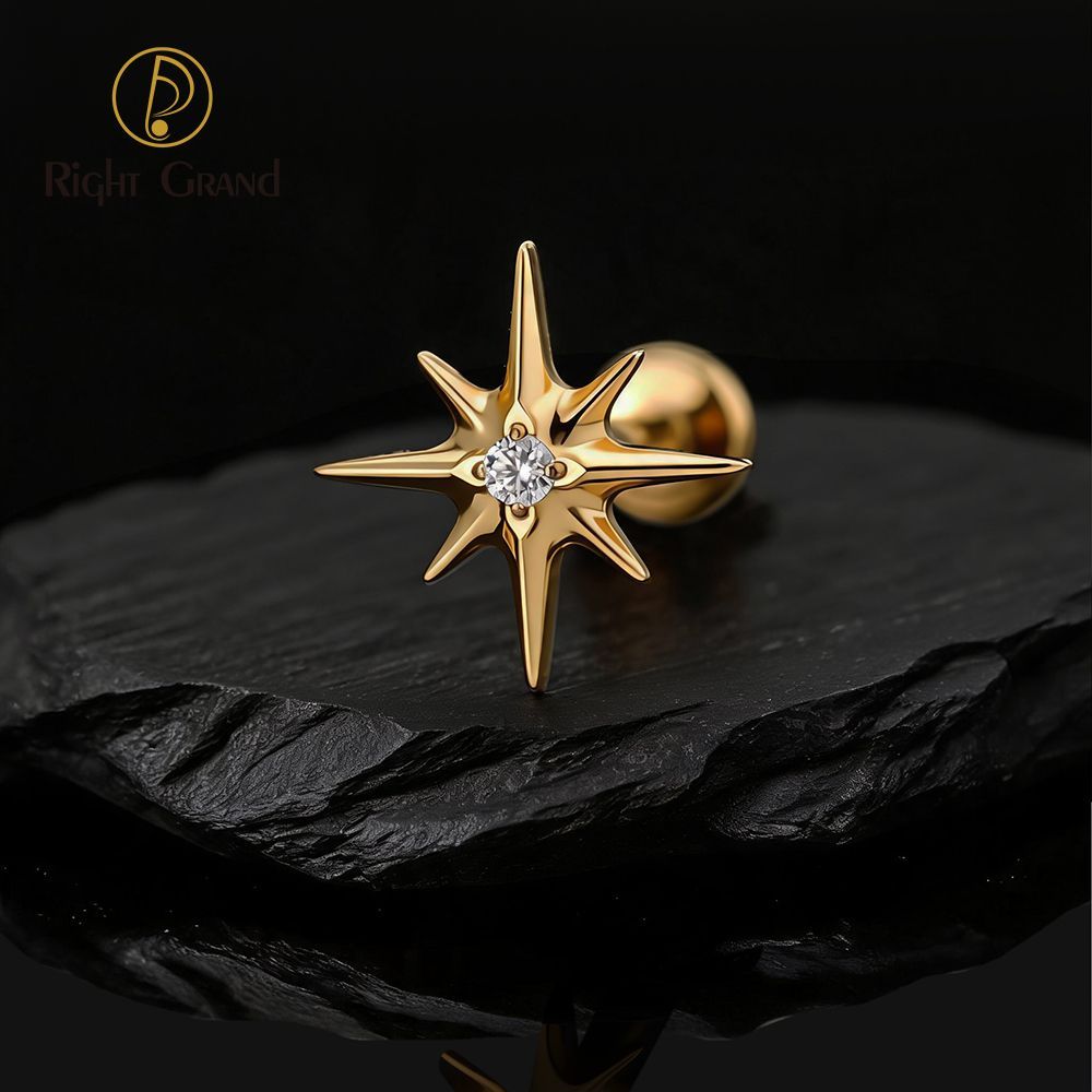 Right Grand Titanium 16G/18G Threadless Push Pin Sparkling CZ North Star Stud Earring Labret Cartilage Tragus Helix Conch Lobe Piercing