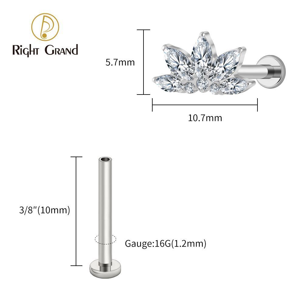 Right Grand Titanium 16G/18G Threadless Push Pin Marquise Lotus CZ Flower Flat Back Stud Labret Tragus Helix Cartilage Conch Earring Piercing