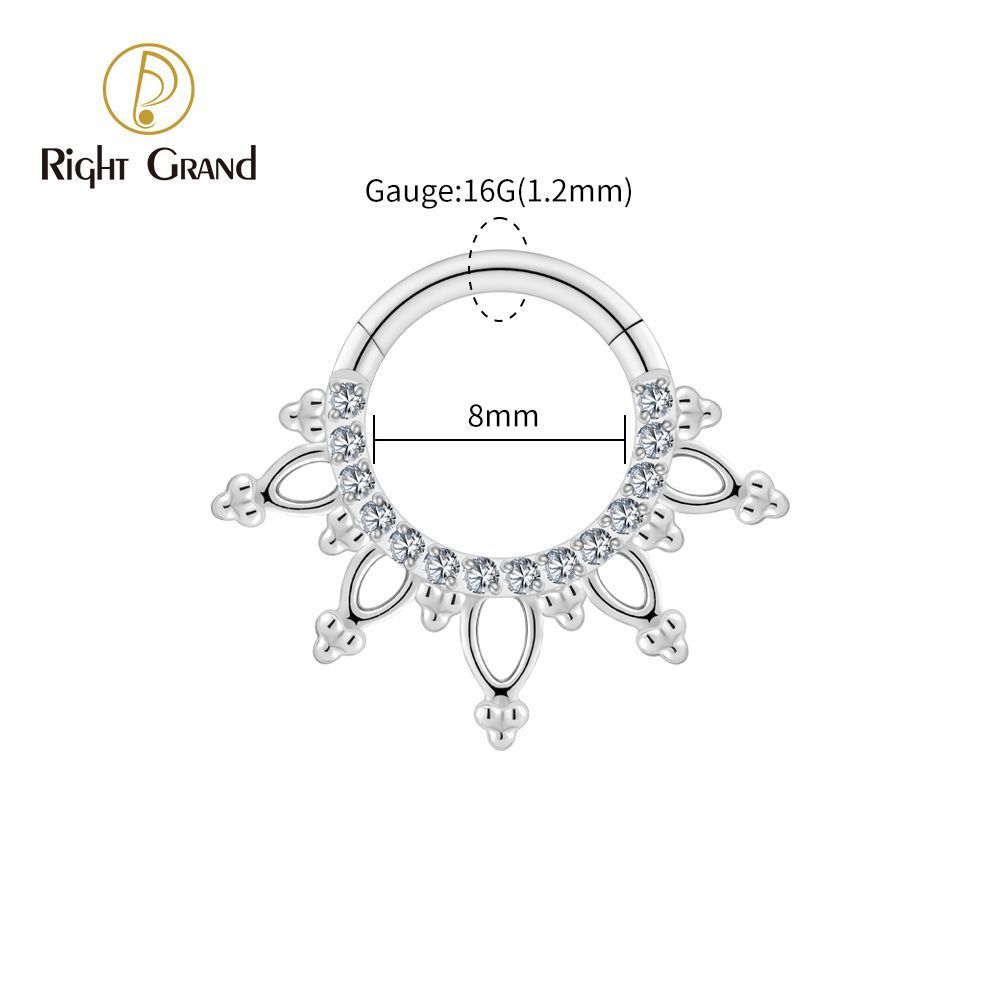 Right Grand Titanium 16G CZ Beads Sparkling Hinged Clicker Segment Hoop Ring Daith Earring Septem Nose Piercing