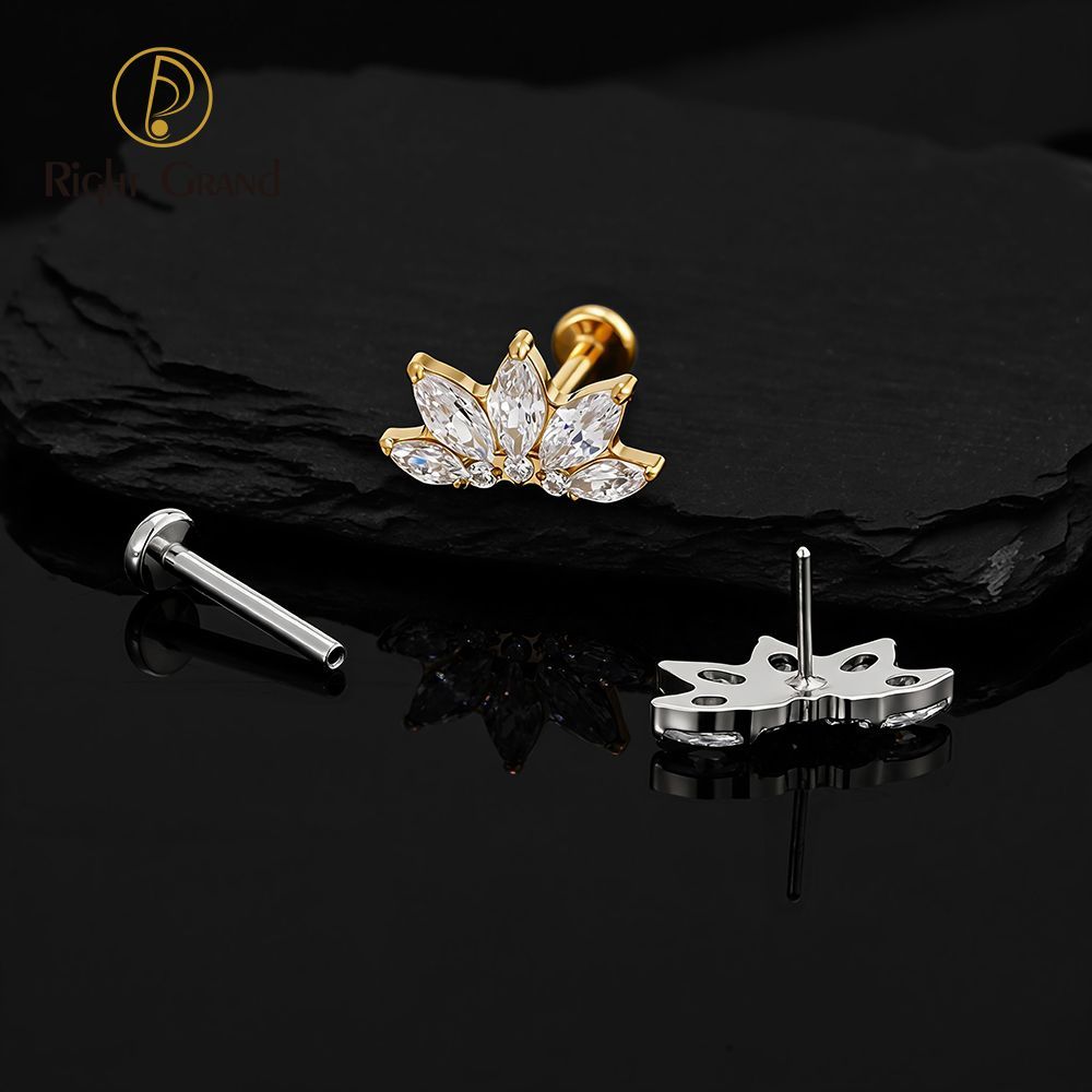Right Grand Titanium 16G/18G Threadless Push Pin Marquise Lotus CZ Flower Flat Back Stud Labret Tragus Helix Cartilage Conch Earring Piercing