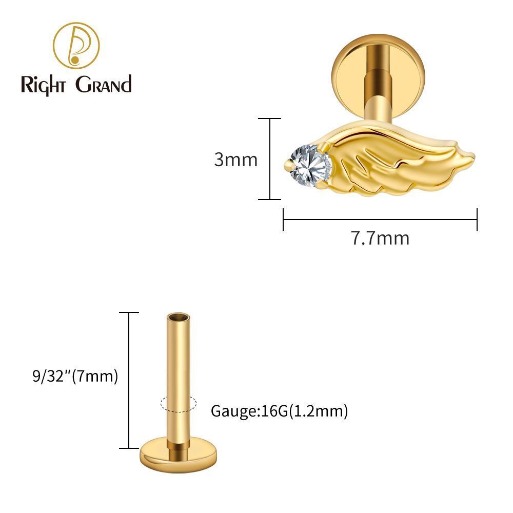 Right Grand Titanium Internal Thread CZ Wing Labret Ring 16G Flat Back Cartilage Stud Earring Conch Helix Lip Piercing Jewelry
