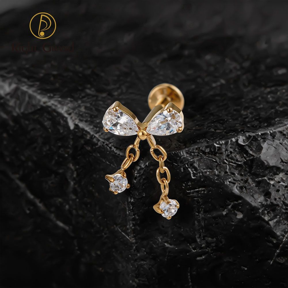 Right Grand Titanium 16G/18G Threadless Push Pin Bowknot CZ Dangle Chain Labret Ring 16G Flat Back Cartilage Stud Earring Conch Helix Lip Piercing Jewelry