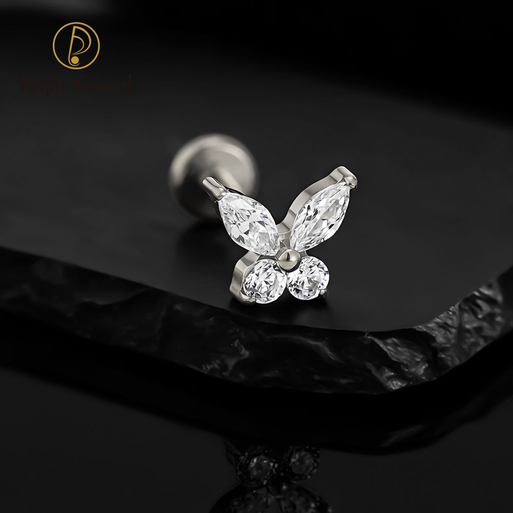 Right Grand Titanium 16G/18G Threadless Push Pin Butterfly CZ Labret Tragus Cartilage Conch Forward Helix Stud Nose Piercing