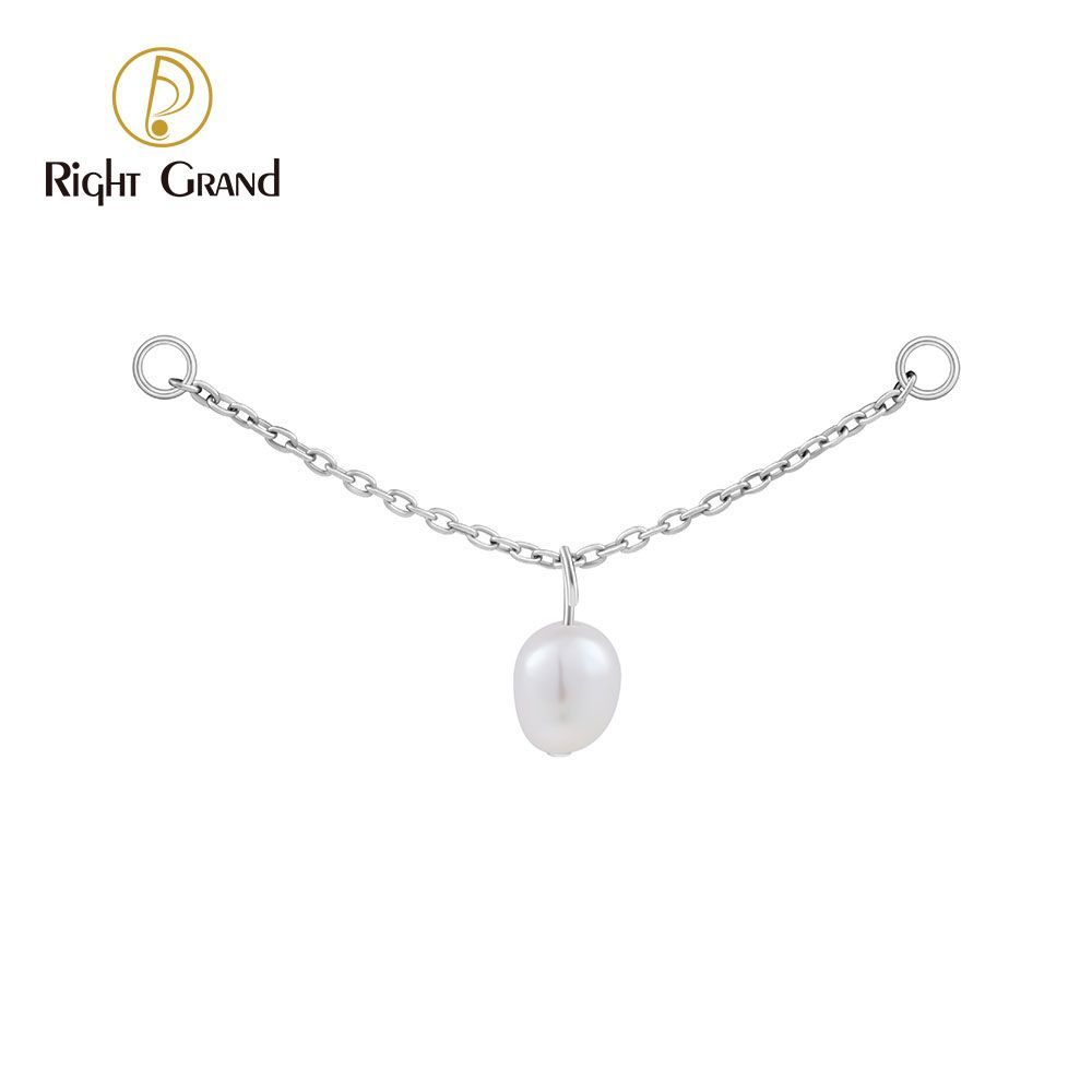 Right Grand Titanium Chain Pearl Drop Double Ring Charm for Ear Lobe Dangle Hoop Huggie Earrings