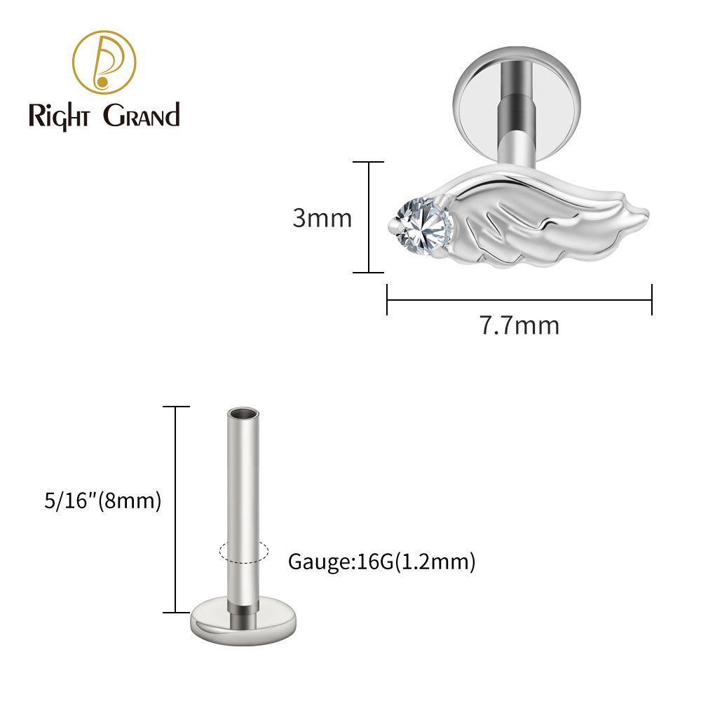 Right Grand Titanium Internal Thread CZ Wing Labret Ring 16G Flat Back Cartilage Stud Earring Conch Helix Lip Piercing Jewelry