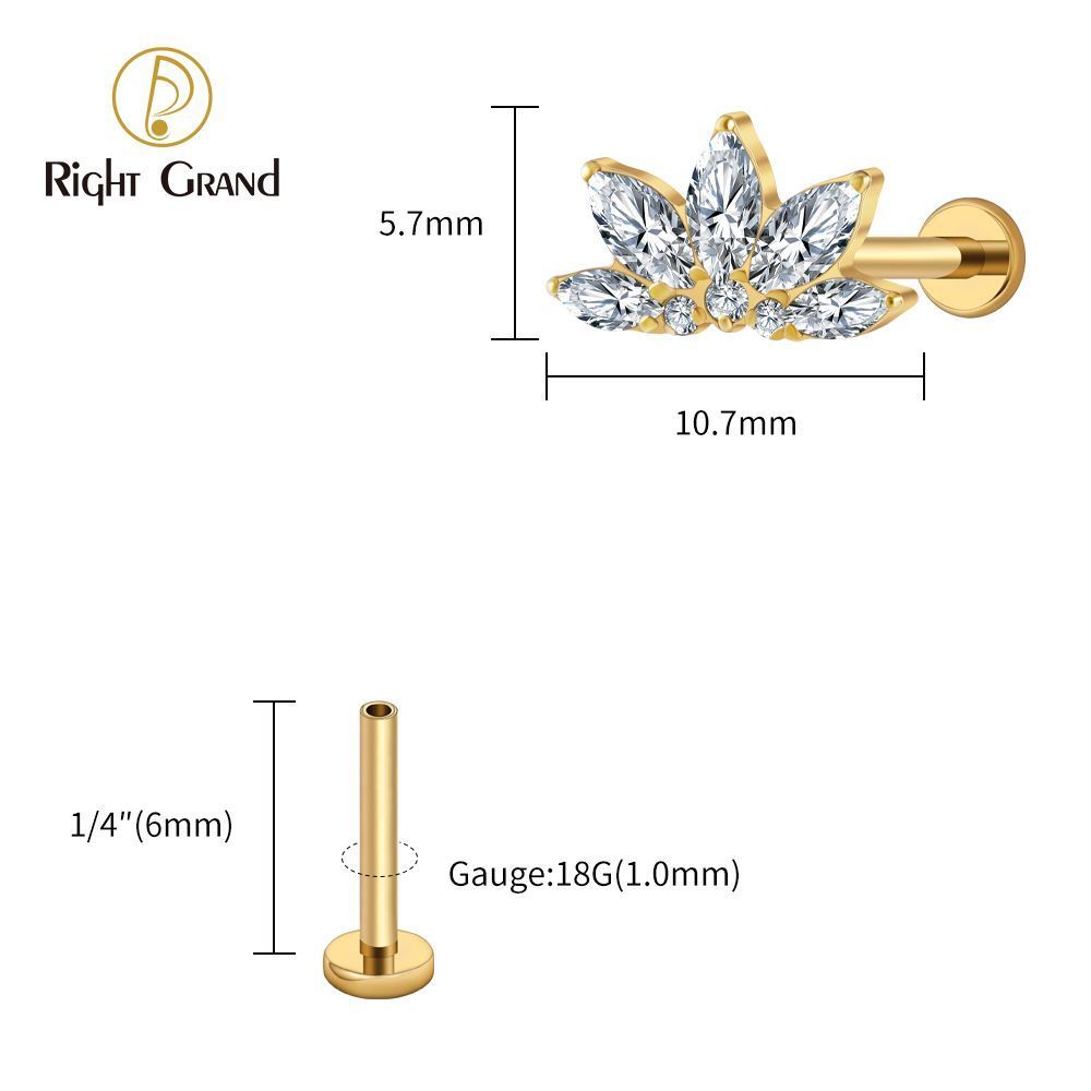 Right Grand Titanium 16G/18G Threadless Push Pin Marquise Lotus CZ Flower Flat Back Stud Labret Tragus Helix Cartilage Conch Earring Piercing