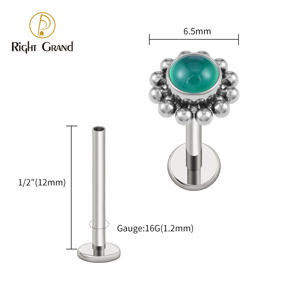Right Grand ASTM F136 Titanium 16G Flower Labret Stud Earring with Natural Stone Helix Cartilage Tragus Conch Piercing