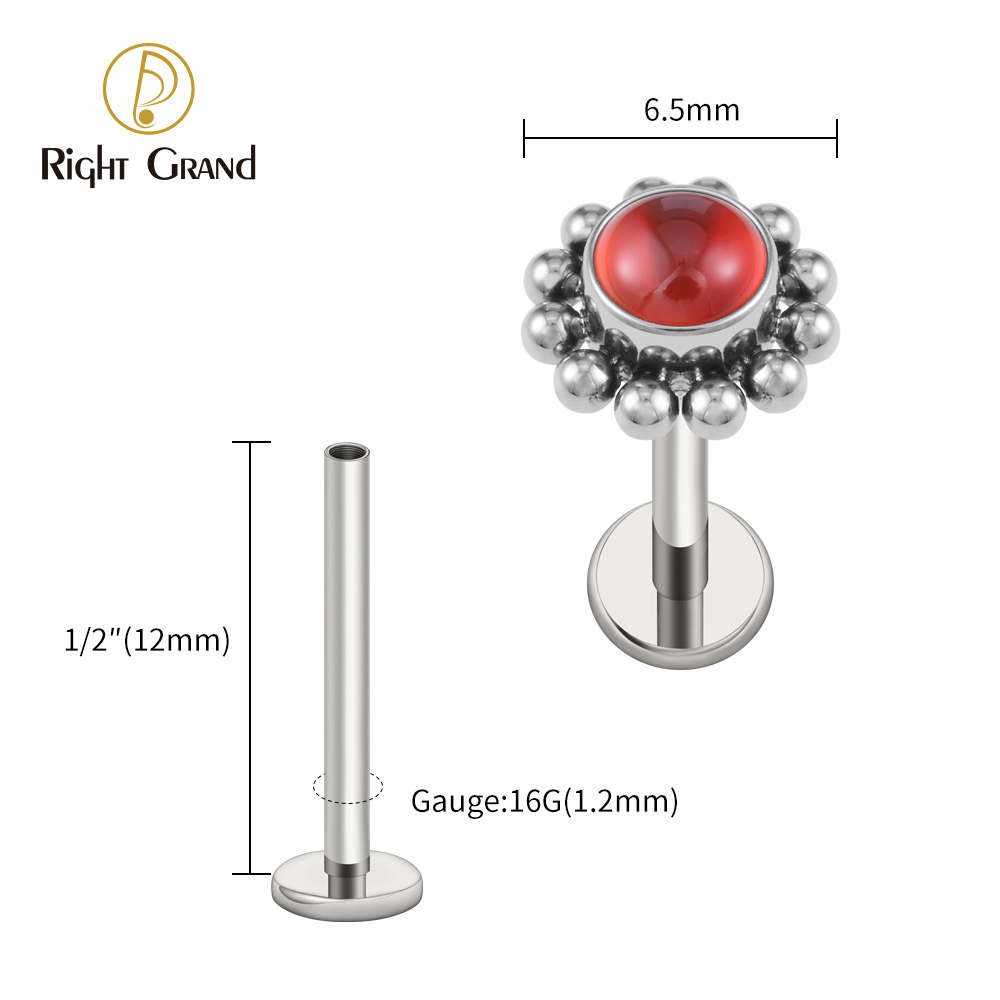 Right Grand ASTM F136 Titanium 16G Flower Labret Stud Earring with Natural Stone Helix Cartilage Tragus Conch Piercing