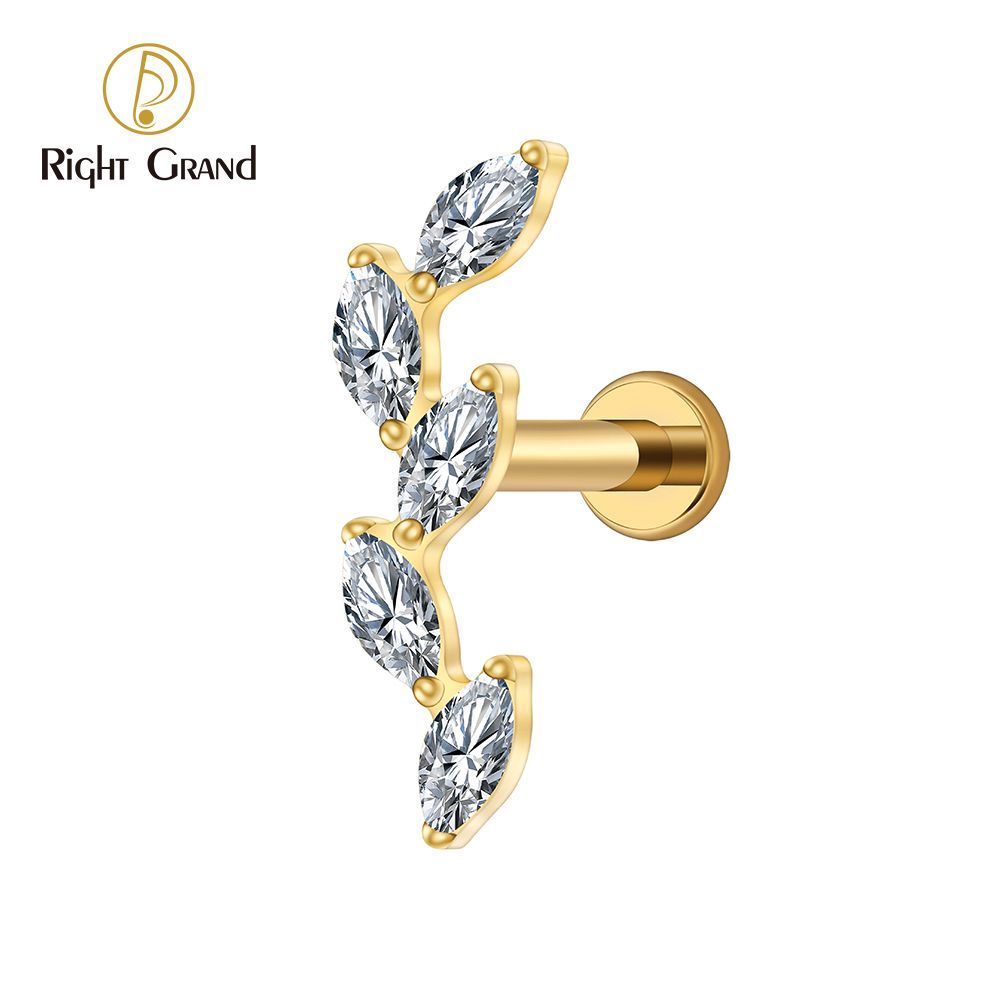 Right Grand Titanium 16G/18G Threadless Push Pin 5 Marquise CZ Labret Stud Helix Conch Cartilage Tragus Flat Back Piercing