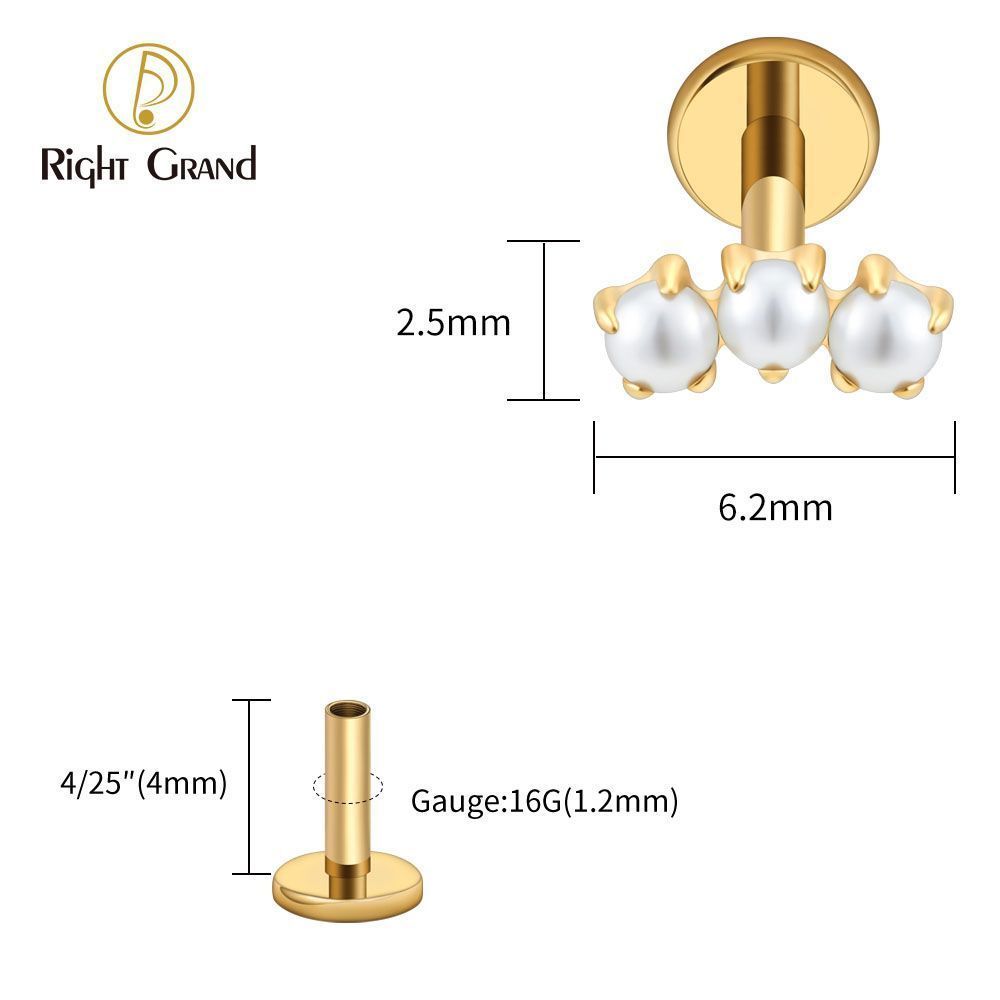 Right Grand Titanium Internal Thread Triple Tiny Pearl Labret Ring 16G Flat Back Cartilage Stud Earring Conch Helix Lip Piercing Jewelry