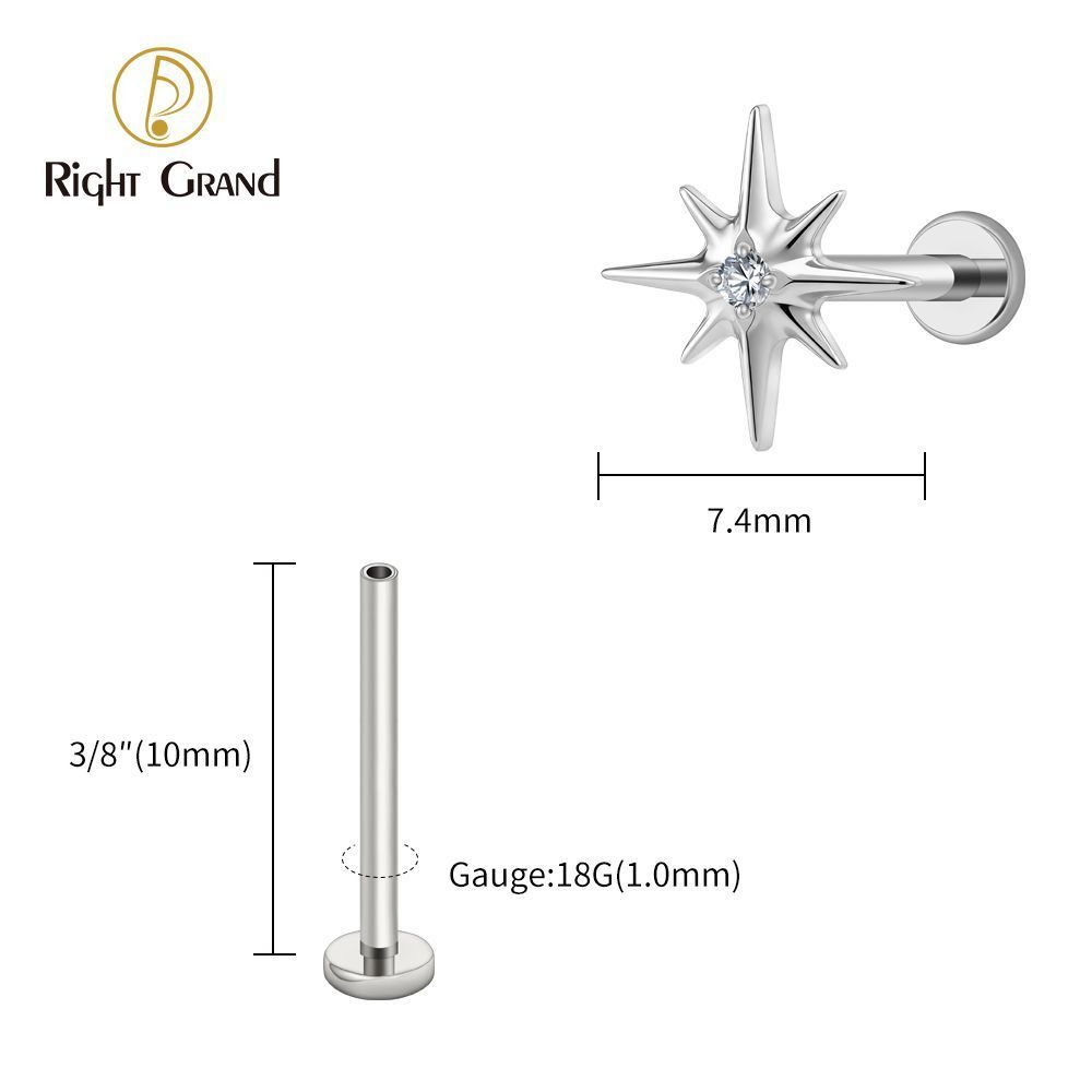 Right Grand Titanium 16G/18G Threadless Push Pin Sparkling CZ North Star Stud Earring Labret Cartilage Tragus Helix Conch Lobe Piercing