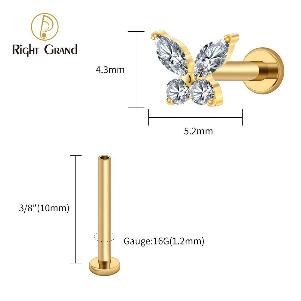 Right Grand Titanium 16G/18G Threadless Push Pin Butterfly CZ Labret Tragus Cartilage Conch Forward Helix Stud Nose Piercing