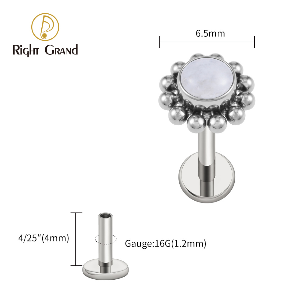 Right Grand ASTM F136 Titanium 16G Flower Labret Stud Earring with Natural Stone Helix Cartilage Tragus Conch Piercing