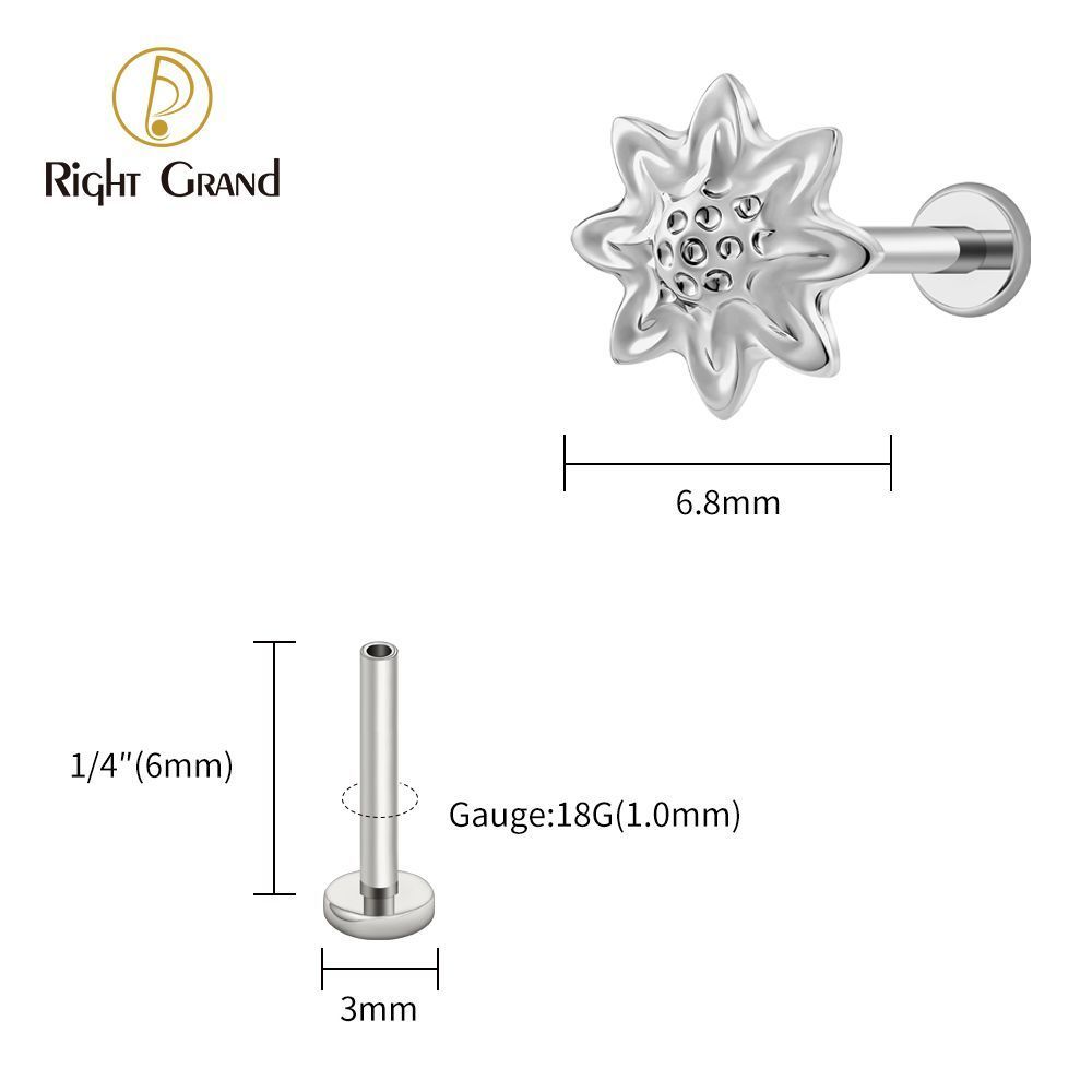 Right Grand Titanium 16G/18G Threadless Push Pin Daisy Flower Labret Ring 16G Flat Back Cartilage Stud Earring Conch Helix Lip Piercing Jewelry