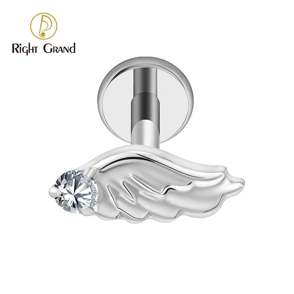 Right Grand Titanium Internal Thread CZ Wing Labret Ring 16G Flat Back Cartilage Stud Earring Conch Helix Lip Piercing Jewelry