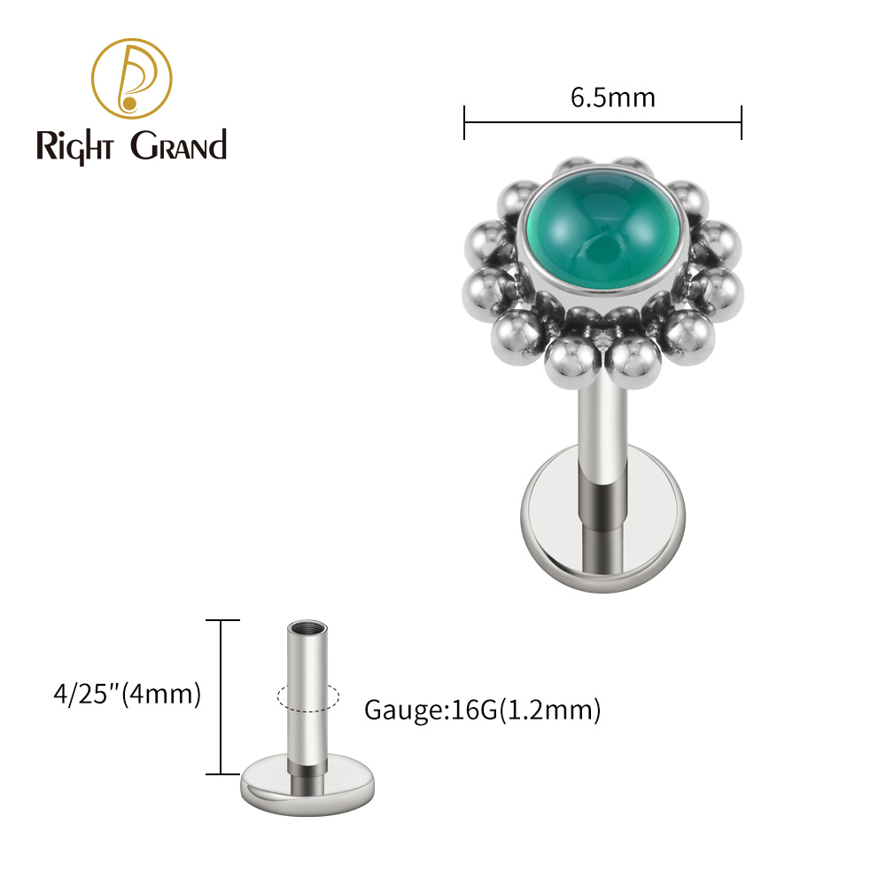 Right Grand ASTM F136 Titanium 16G Flower Labret Stud Earring with Natural Stone Helix Cartilage Tragus Conch Piercing