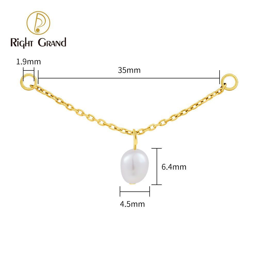 Right Grand Titanium Chain Pearl Drop Double Ring Charm for Ear Lobe Dangle Hoop Huggie Earrings