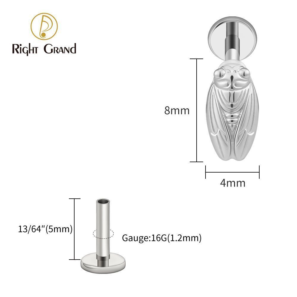 Right Grand Titanium Internal Thread Summer Cicada Labret Ring 16G Flat Back Cartilage Stud Earring Conch Helix Lip Piercing Jewelry