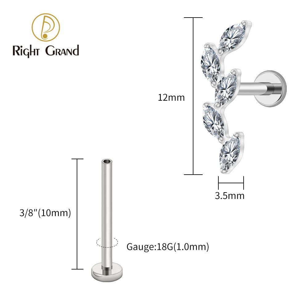 Right Grand Titanium 16G/18G Threadless Push Pin 5 Marquise CZ Labret Stud Helix Conch Cartilage Tragus Flat Back Piercing