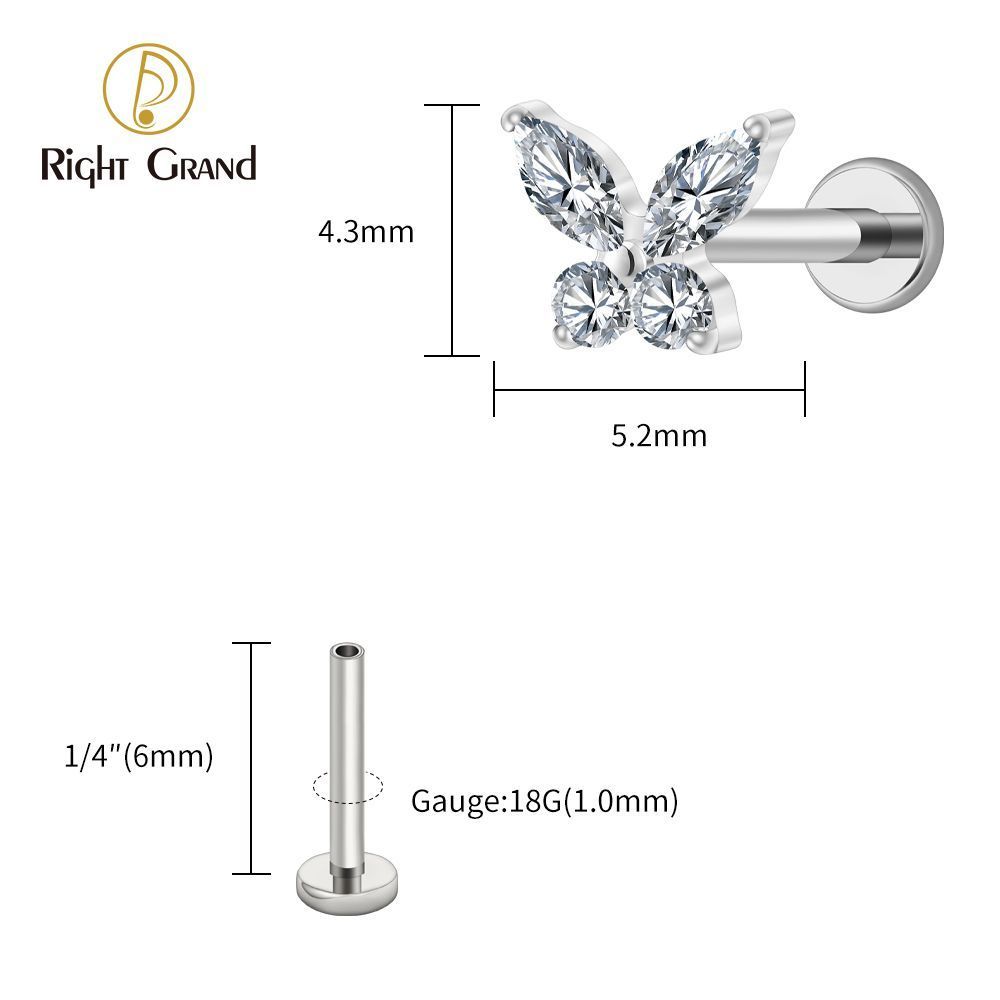 Right Grand Titanium 16G/18G Threadless Push Pin Butterfly CZ Labret Tragus Cartilage Conch Forward Helix Stud Nose Piercing
