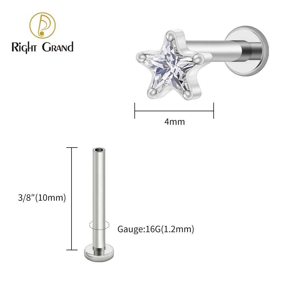 Right Grand Titanium 16G/18G Threadless Push Pin Star CZ Flat Back Stud Earring 16G Helix Tragus Cartilage Lip Piercing