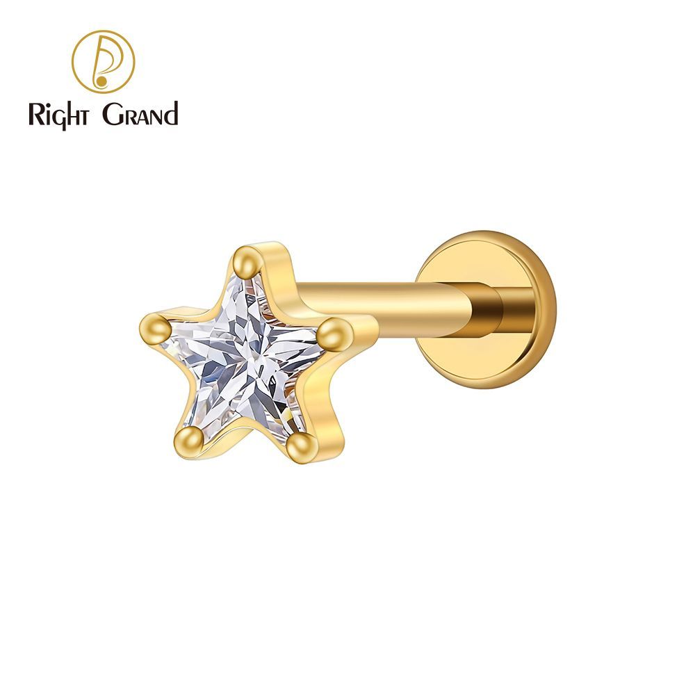 Right Grand Titanium 16G/18G Threadless Push Pin Star CZ Flat Back Stud Earring 16G Helix Tragus Cartilage Lip Piercing