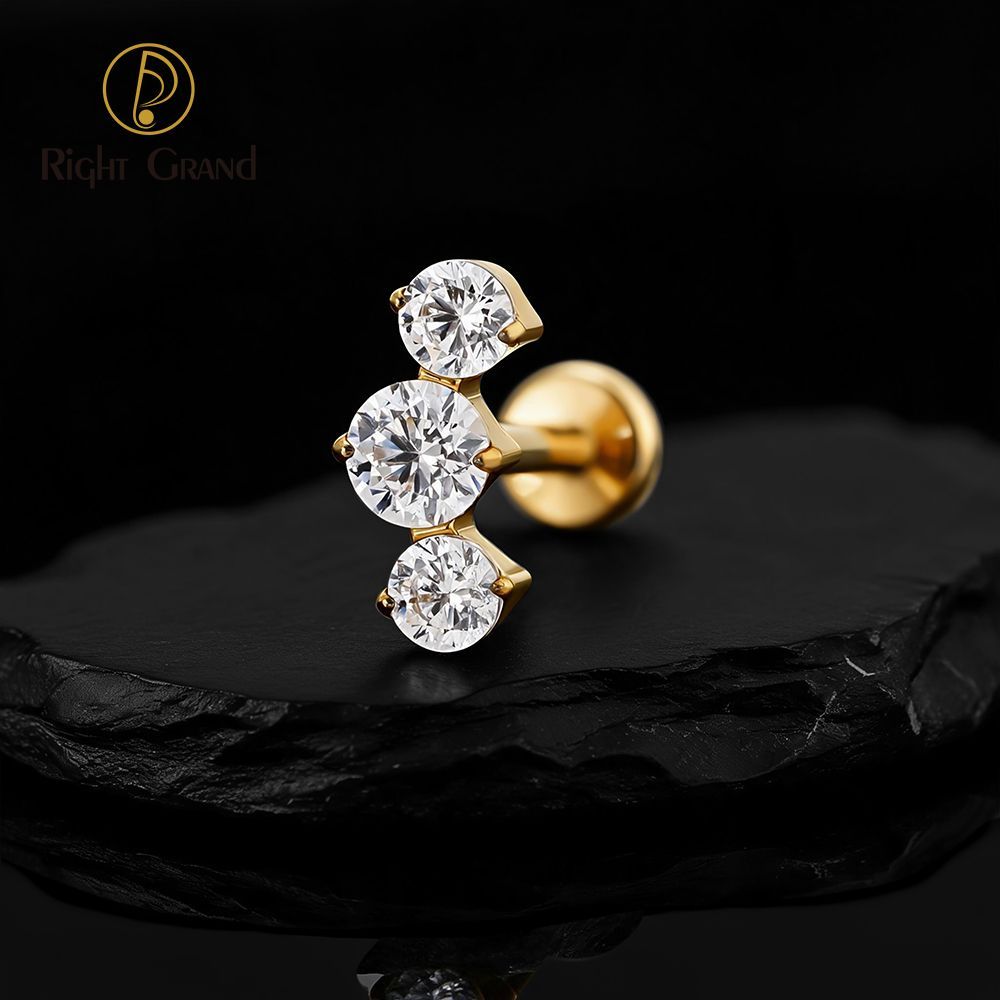 Right Grand Titanium 16G/18G Threadless Push Pin Triple CZ Cluster Cartilage Earring 16G Mini CZ Labret Tragus Helix Medusa Flat Back Piercing