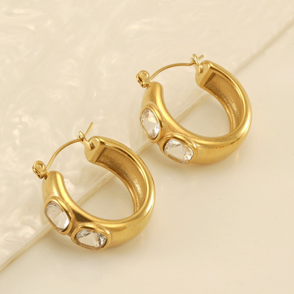Right Grand 18K Gold Plated Women Fashion Jewelry Stainless Steel Cubic Zirconia Green Stone Hoop Earrings