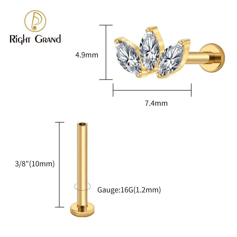 Right Grand Titanium 16G/18G Threadless Push Pin Triple Marquise CZ Stud Earring 16G Trinity Lotus Opal Cluster Cartilage Helix Tragus Piercing