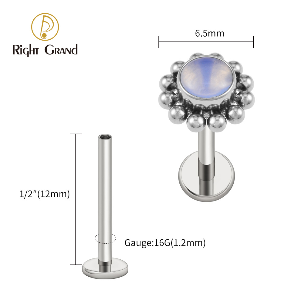 Right Grand ASTM F136 Titanium 16G Flower Labret Stud Earring with Natural Stone Helix Cartilage Tragus Conch Piercing