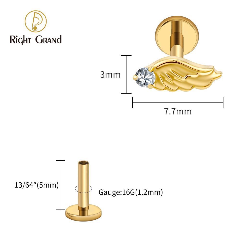 Right Grand Titanium Internal Thread CZ Wing Labret Ring 16G Flat Back Cartilage Stud Earring Conch Helix Lip Piercing Jewelry
