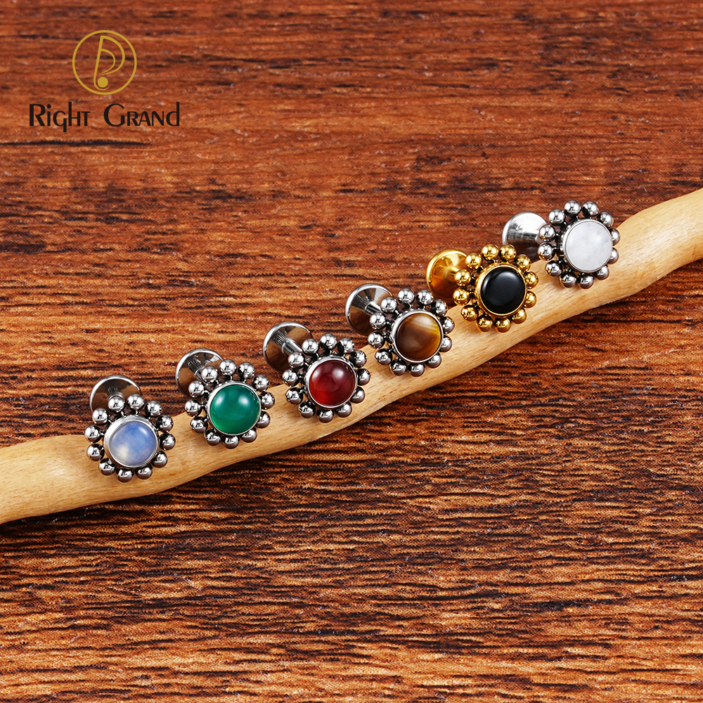 Right Grand ASTM F136 Titanium 16G Flower Labret Stud Earring with Natural Stone Helix Cartilage Tragus Conch Piercing
