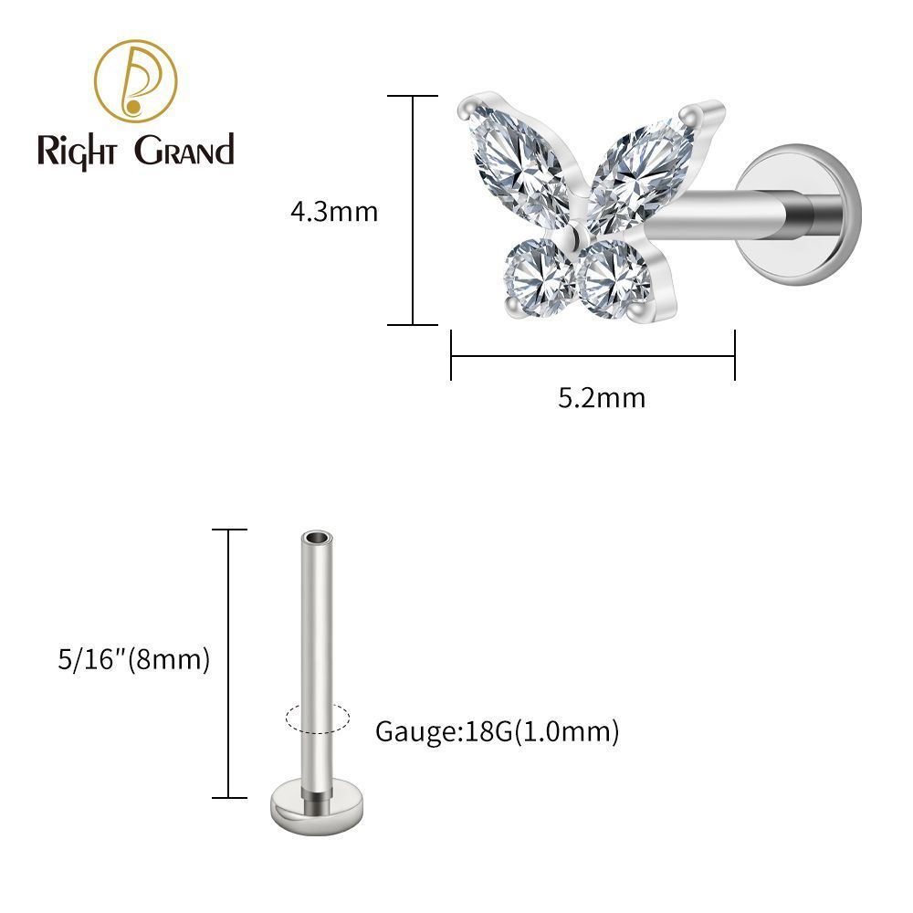 Right Grand Titanium 16G/18G Threadless Push Pin Butterfly CZ Labret Tragus Cartilage Conch Forward Helix Stud Nose Piercing