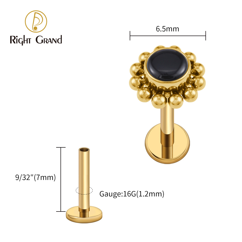 Right Grand ASTM F136 Titanium 16G Flower Labret Stud Earring with Natural Stone Helix Cartilage Tragus Conch Piercing