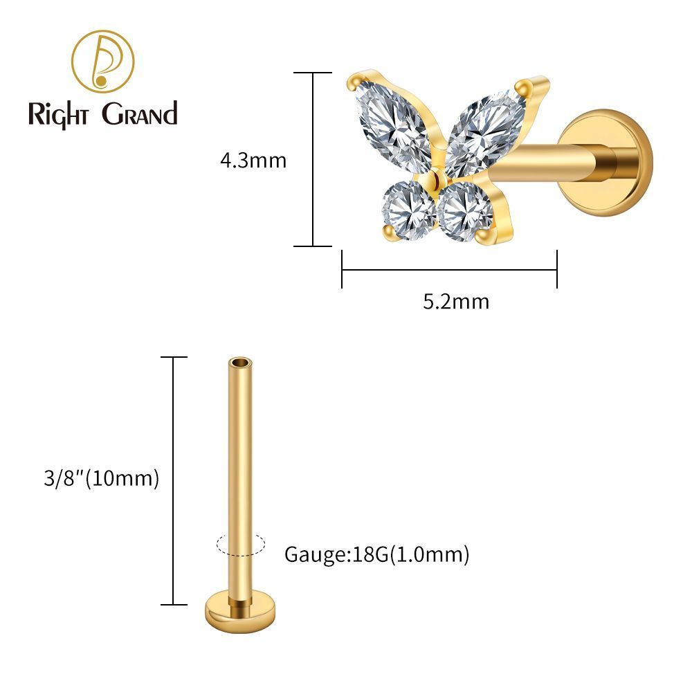 Right Grand Titanium 16G/18G Threadless Push Pin Butterfly CZ Labret Tragus Cartilage Conch Forward Helix Stud Nose Piercing