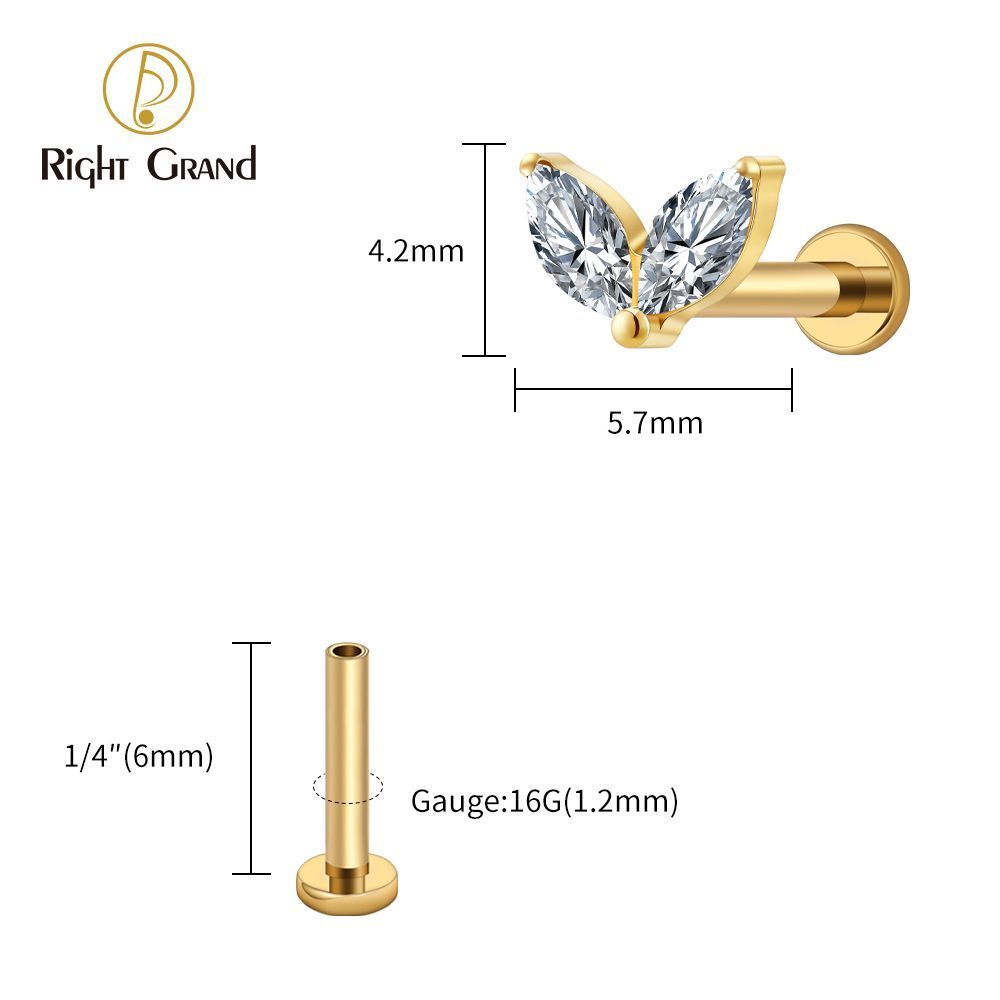Right Grand Titanium 16G/18G Threadless Push Pin Tiny Double Marquise CZ Labret Stud Earring 16G Heart CZ Cartilage Helix Tragus Conch Piercing