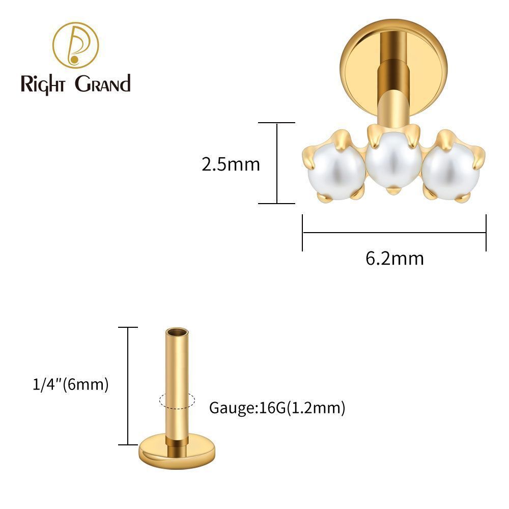 Right Grand Titanium Internal Thread Triple Tiny Pearl Labret Ring 16G Flat Back Cartilage Stud Earring Conch Helix Lip Piercing Jewelry