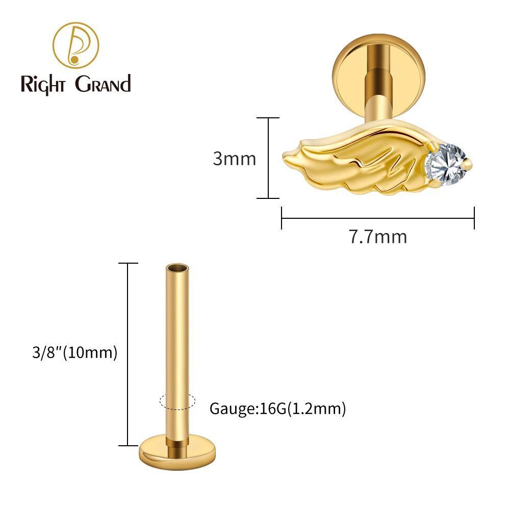 Right Grand Titanium Internal Thread CZ Wing Labret Ring 16G Flat Back Cartilage Stud Earring Conch Helix Lip Piercing Jewelry