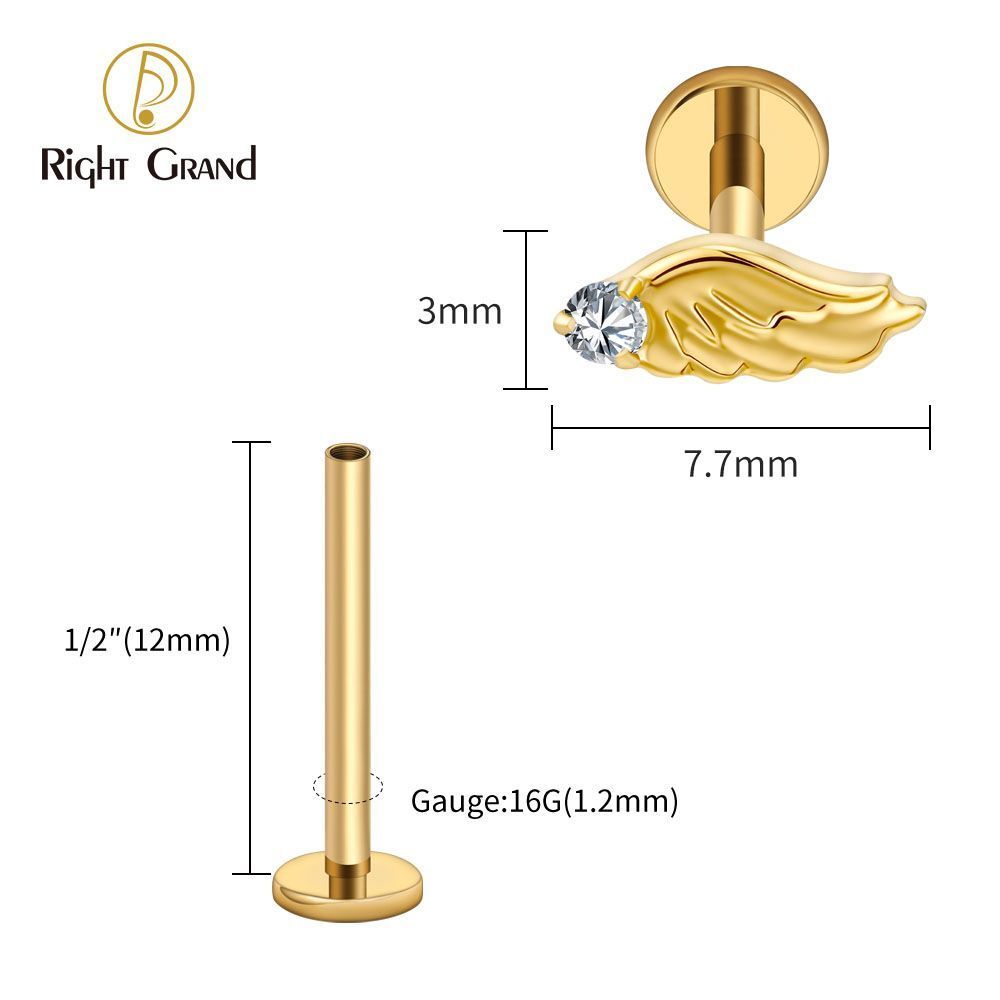 Right Grand Titanium Internal Thread CZ Wing Labret Ring 16G Flat Back Cartilage Stud Earring Conch Helix Lip Piercing Jewelry