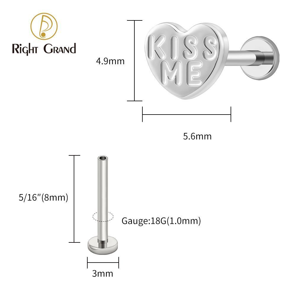 Right Grand Titanium 16G/18G Threadless Push Pin Heart Letter KISS ME Labret Ring 16G Flat Back Cartilage Stud Earring Conch Helix Lip Piercing Jewelry
