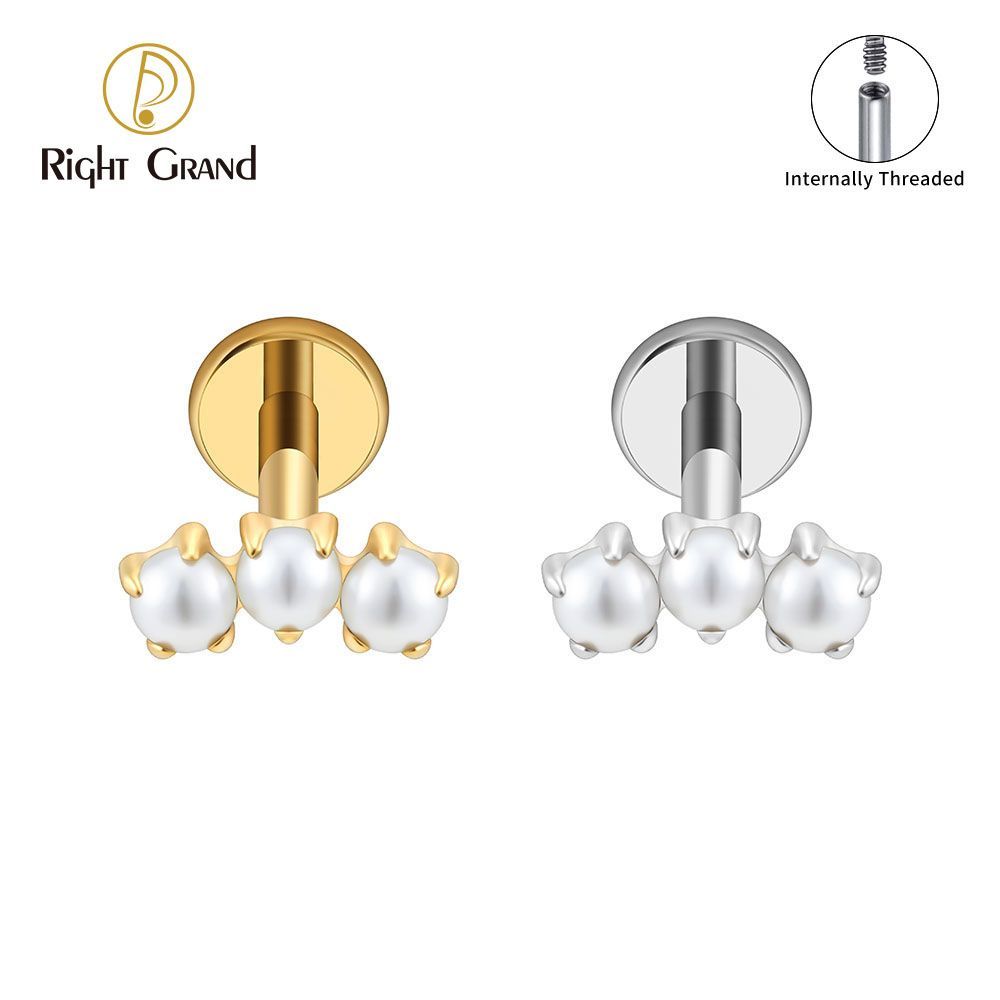 Right Grand Titanium Internal Thread Triple Tiny Pearl Labret Ring 16G Flat Back Cartilage Stud Earring Conch Helix Lip Piercing Jewelry