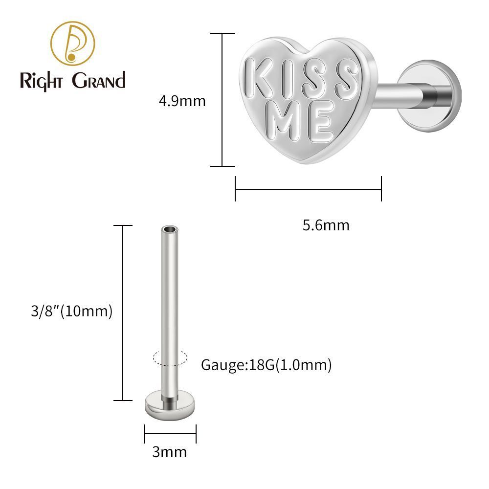 Right Grand Titanium 16G/18G Threadless Push Pin Heart Letter KISS ME Labret Ring 16G Flat Back Cartilage Stud Earring Conch Helix Lip Piercing Jewelry