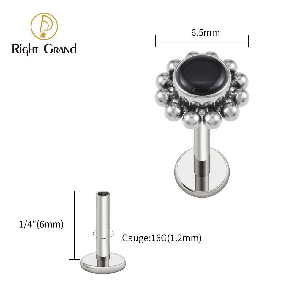 Right Grand ASTM F136 Titanium 16G Flower Labret Stud Earring with Natural Stone Helix Cartilage Tragus Conch Piercing