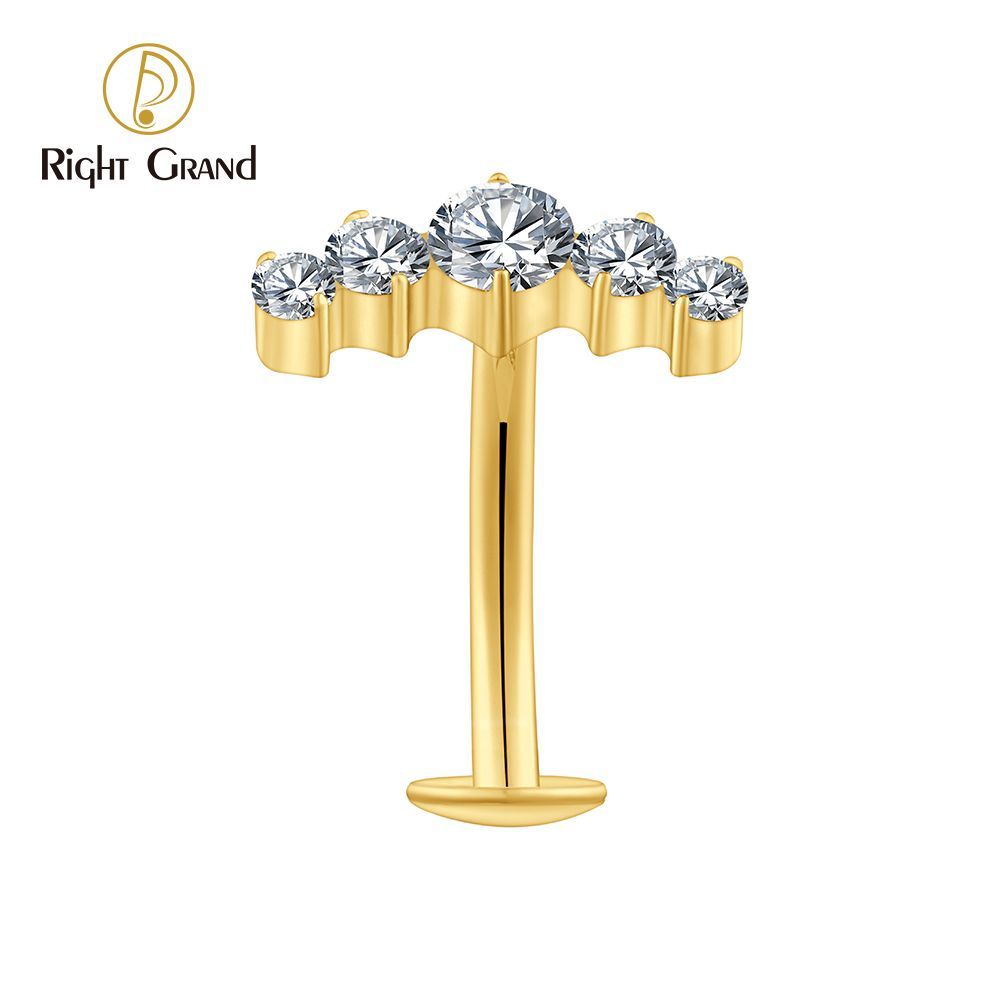 Right Grand Titanium CZ 5 CZ Belly Button Ring 14G Threadless Push Pin Navel Curved Barbell Piercing Jewelry