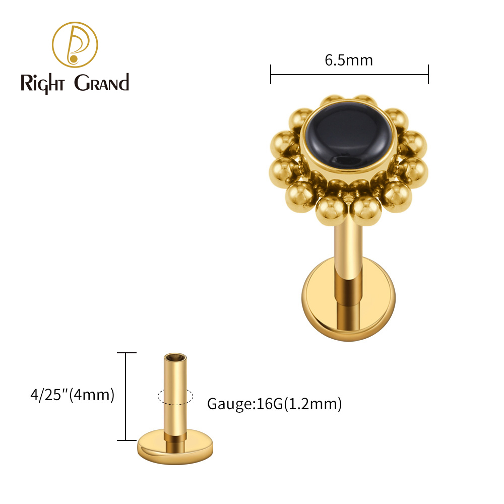 Right Grand ASTM F136 Titanium 16G Flower Labret Stud Earring with Natural Stone Helix Cartilage Tragus Conch Piercing
